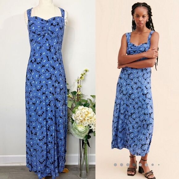 FREE PEOPLE Rosalee Midi Dress | large | blue floral - Picture 1 of 10